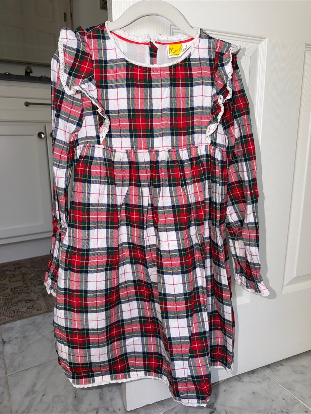 Mini Boden girls’ holiday dress in tartan plaid